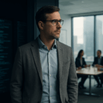 Ein nachdenklicher Technologie-Manager steht zwischen einem dunklen Serverraum und einem hellen Konferenzraum – Symbol für den Übergang vom technischen Experten zum strategischen Führungskraft.