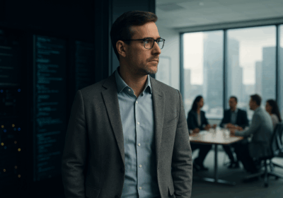 Ein nachdenklicher Technologie-Manager steht zwischen einem dunklen Serverraum und einem hellen Konferenzraum – Symbol für den Übergang vom technischen Experten zum strategischen Führungskraft.