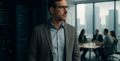 Ein nachdenklicher Technologie-Manager steht zwischen einem dunklen Serverraum und einem hellen Konferenzraum – Symbol für den Übergang vom technischen Experten zum strategischen Führungskraft.