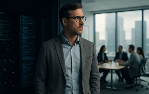 Ein nachdenklicher Technologie-Manager steht zwischen einem dunklen Serverraum und einem hellen Konferenzraum – Symbol für den Übergang vom technischen Experten zum strategischen Führungskraft.