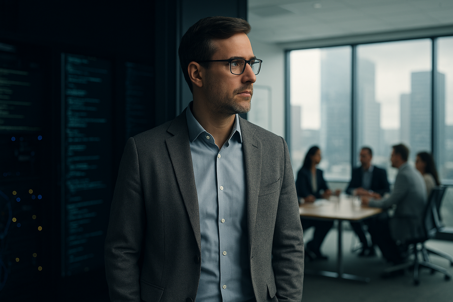 Ein nachdenklicher Technologie-Manager steht zwischen einem dunklen Serverraum und einem hellen Konferenzraum – Symbol für den Übergang vom technischen Experten zum strategischen Führungskraft.