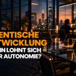 Laptop und Teamgespräch in einem dunklen Büro als Motiv für die Einführung agentischer Entwicklungsabläufe.