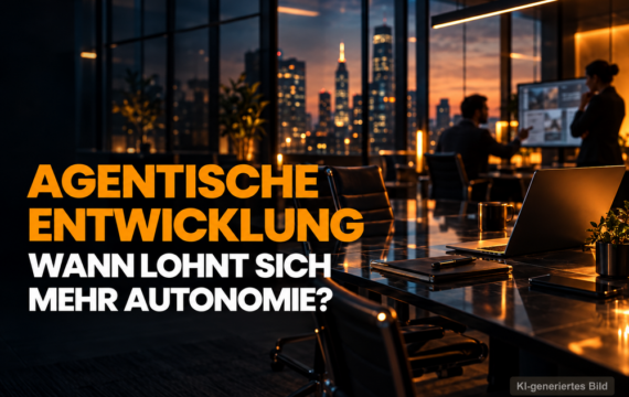 Laptop und Teamgespräch in einem dunklen Büro als Motiv für die Einführung agentischer Entwicklungsabläufe.