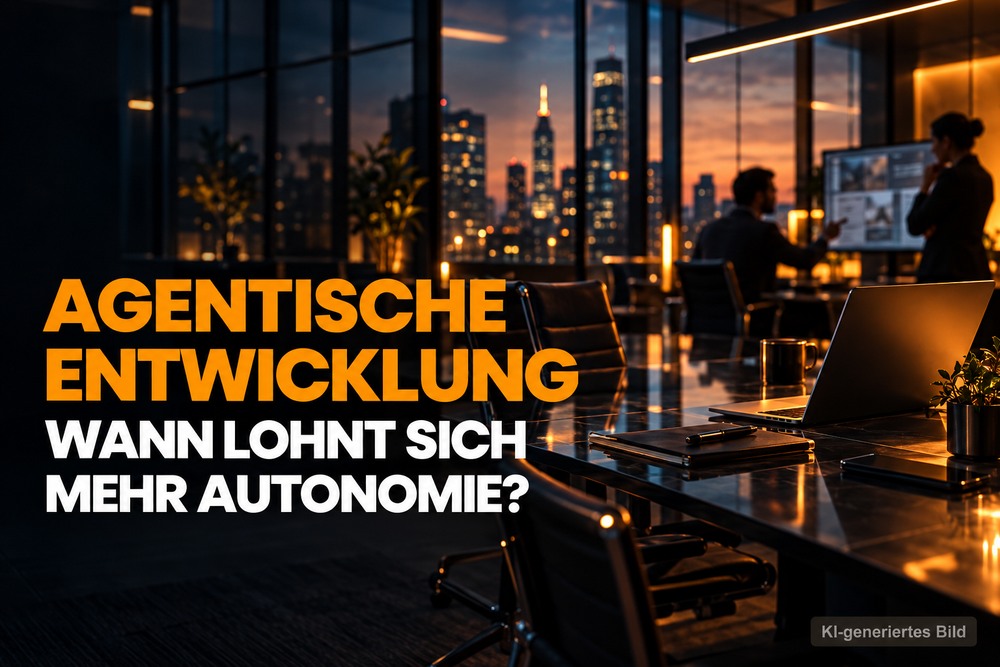 Laptop und Teamgespräch in einem dunklen Büro als Motiv für die Einführung agentischer Entwicklungsabläufe.