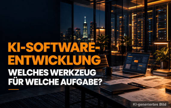 Arbeitsplatz mit Laptop und technischen Entwürfen als Motiv zur Auswahl von KI Werkzeugen für Softwareentwicklung.