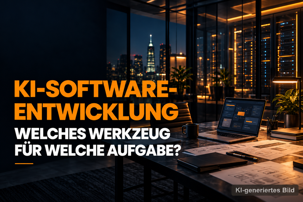 Arbeitsplatz mit Laptop und technischen Entwürfen als Motiv zur Auswahl von KI Werkzeugen für Softwareentwicklung.